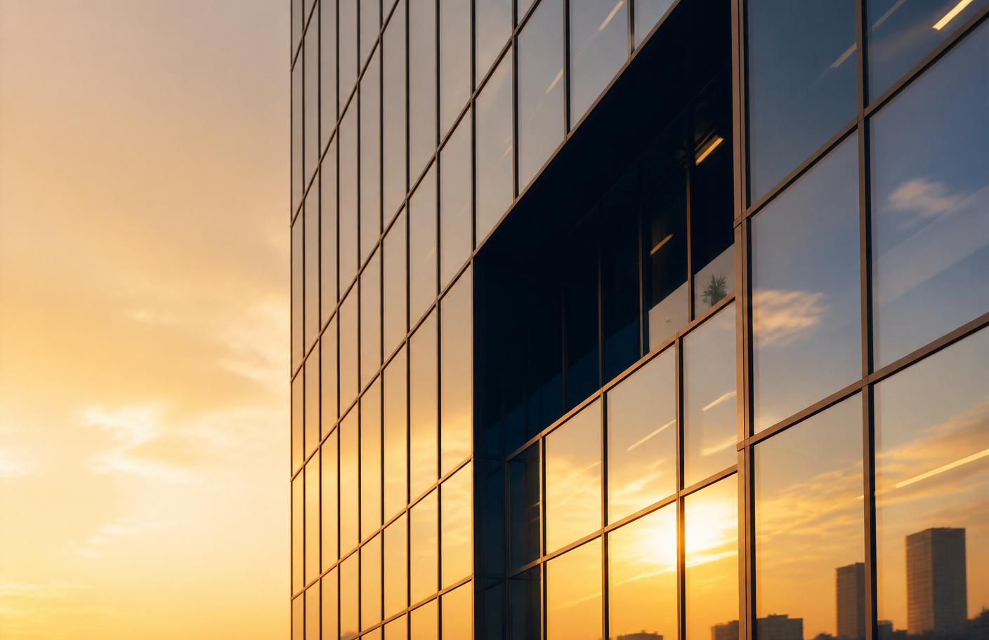 Modern glass corporate building at golden hour — enterprise industries