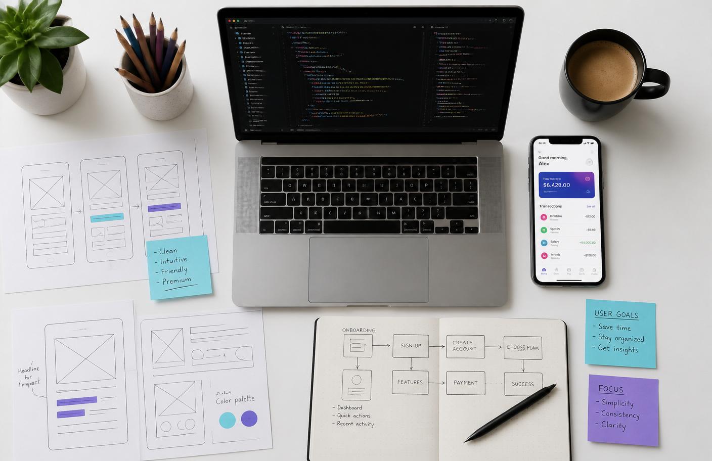 Design and engineering workflow — laptop with code, wireframes, and mobile UI